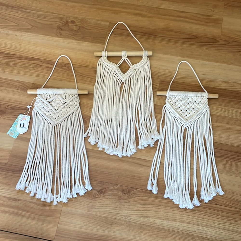 Set of 3 small macramé wall hangings.